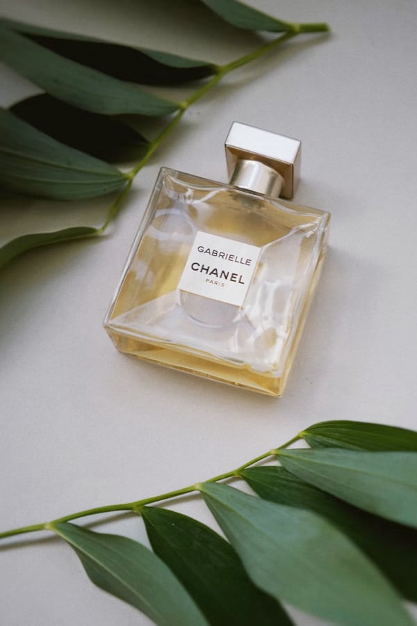 bottle of perfume
          with green foliage surrounding it